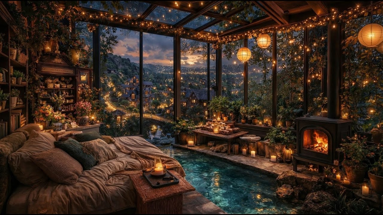 Rainy Night in Your Secret Garden Sanctuary | Indoor Hot Spring, Fireplace & Fairy Lights ASMR