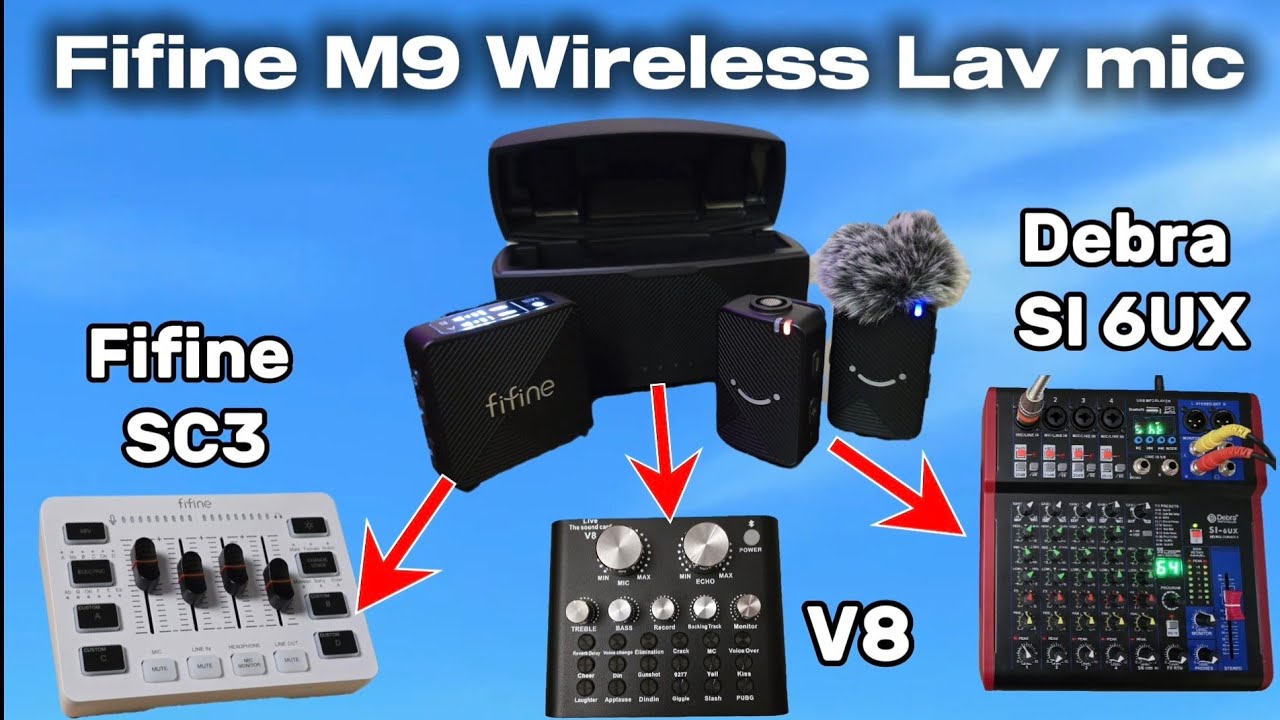 How to connect Fifine M9 Wireless Lav mic to V8 or Fifine SC3 mixer board or Debra SI 6UX Mixer
