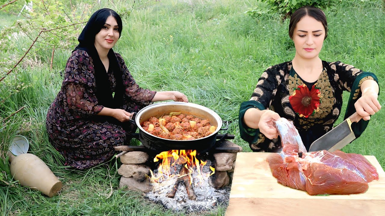 Cooking traditional food (meatballs) in village style | Life in the pristine rural nature of Iran