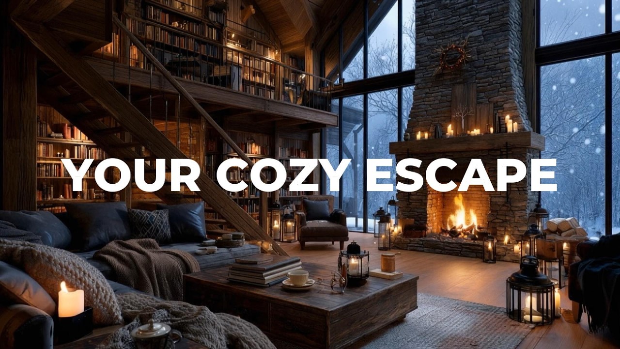 Cozy Fireplace Ambience in a Two-Level Library Loft | 1 Hour Relaxing Winter Room #cozyfireplace