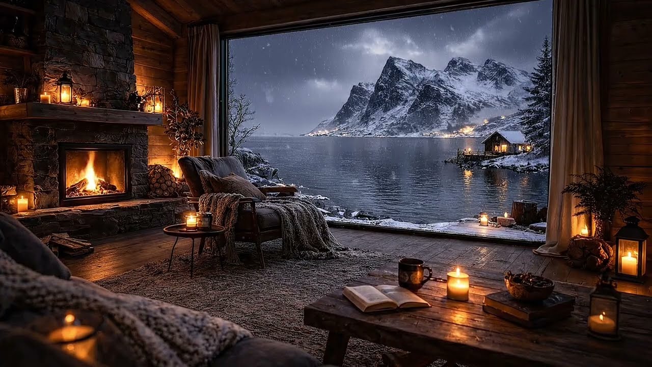 Cozy Cabin in Lofoten | Fireplace Sounds, Snowfall & Winter Calm (7H 4K)