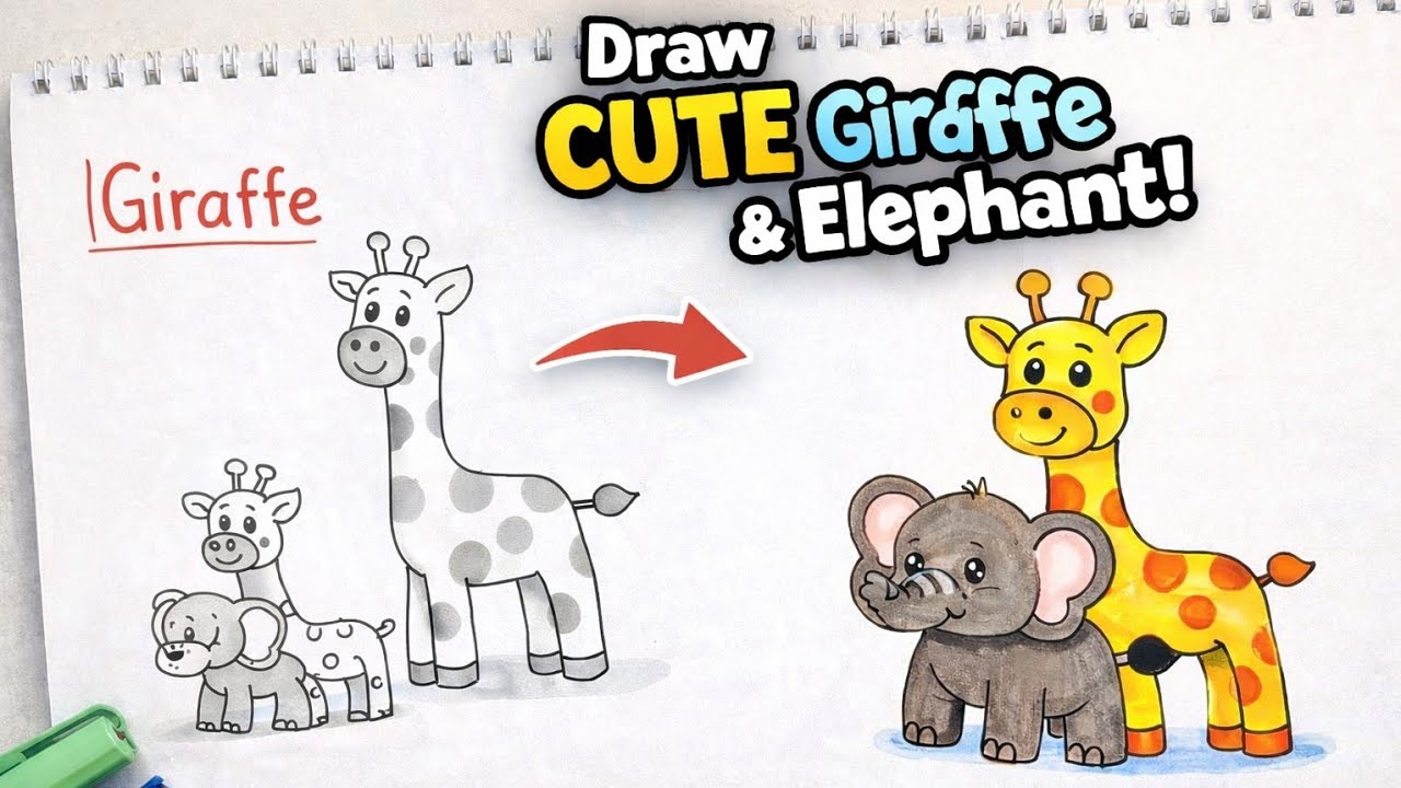 How to Draw Cute Giraffe🦒and  Elephant 🐘 | Step by Step tutorial for kids| @Doodleandcolor-ap09 