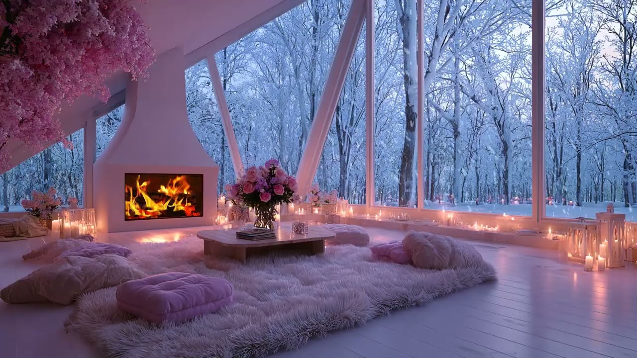 Cozy Winter Lounge Piano | Warm Fire & Snowfall for 3 Hours | Study Relax Recharge