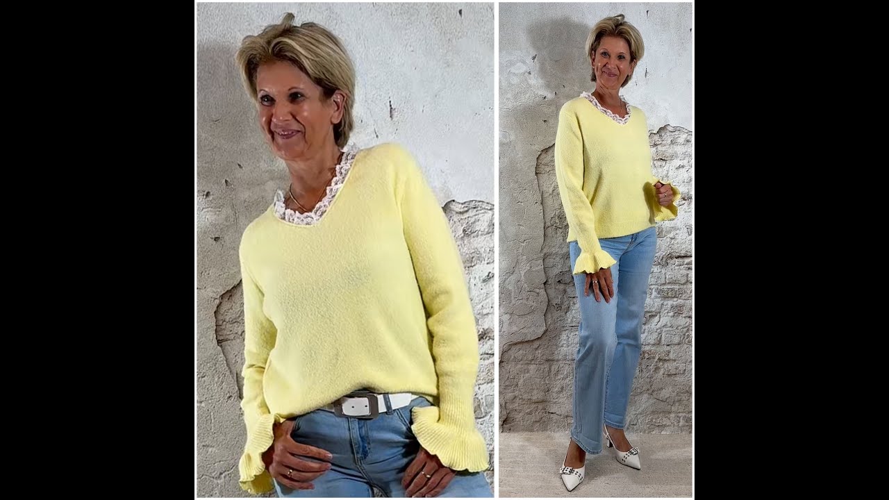 Steffy pullover met kanten v-hals in verschillende keuren