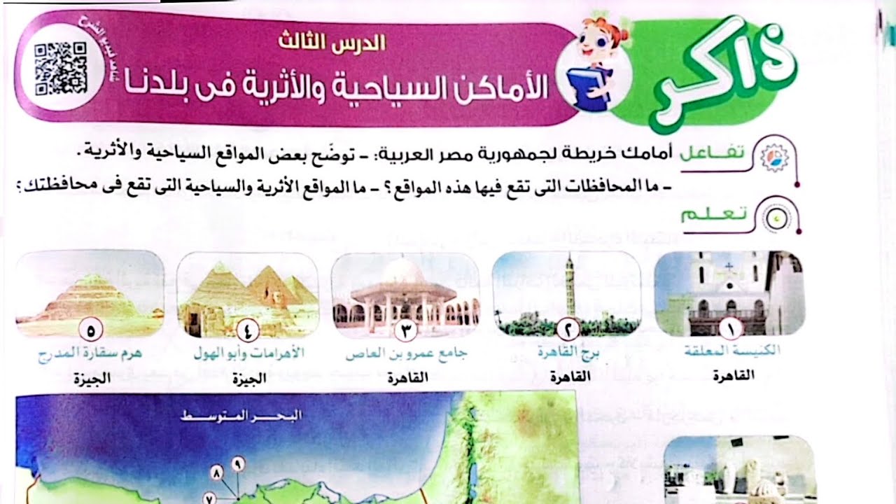شرح درس(الأماكن السياحية والأثرية في بلدنا)وحل تدريبات الأضواء2024/دراسات/الصف الرابع/ترم تاني