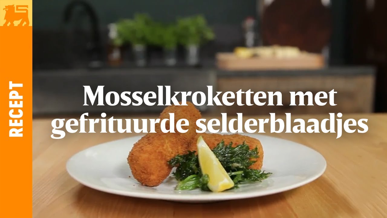 Mosselkroketten met gefrituurde selderblaadjes