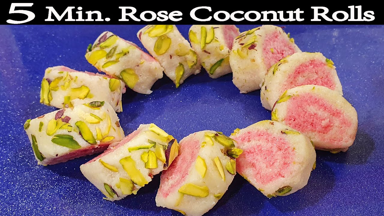 5 Min, Rose Coconut Rolls बिना गैस जलाये बिना चाशनी 5 मिनिटमै रोज कोकोनट रोल्स