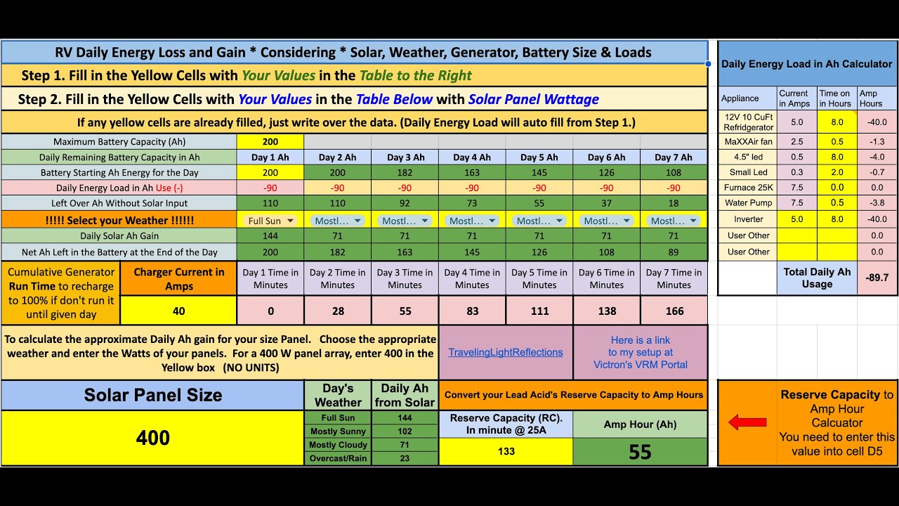RV Battery and Solar Charge Time & Run Time Calculator + Generator.  Short Version.