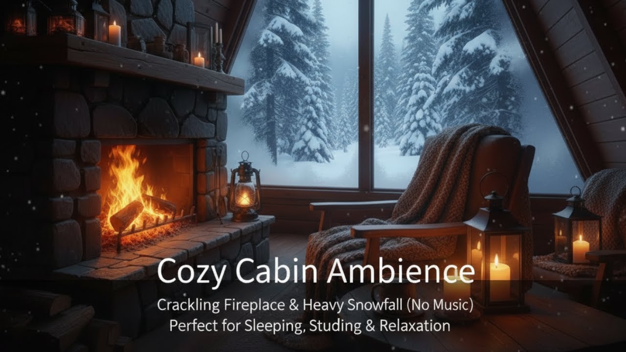 Cozy Cabin Ambience - Crackling Fireplace & Heavy Snowfall (No Music) for Sleeping & Study