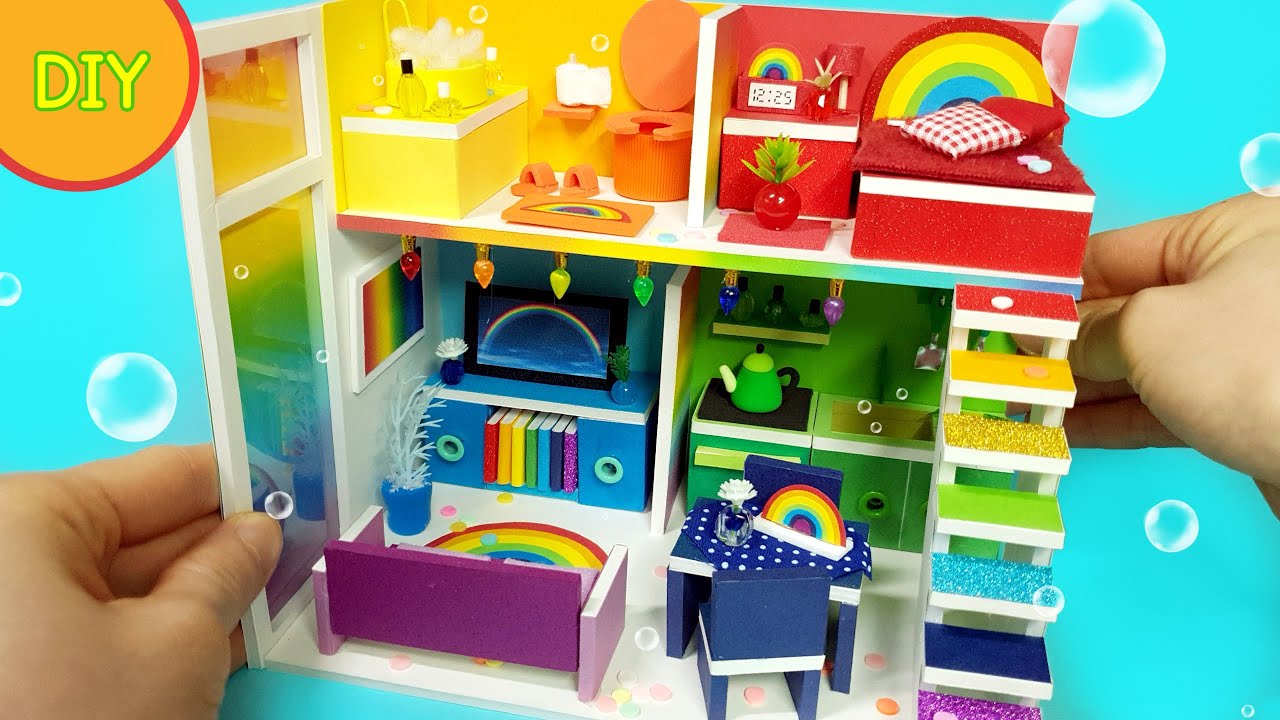 DIY 4 Miniature Dollhouse rooms -  7 color Rainbow room decor ! full house / craft