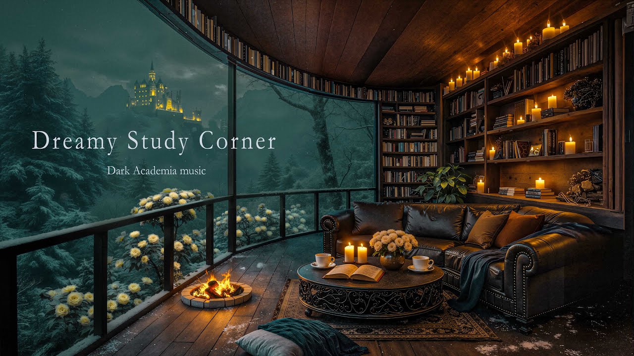 Let Your Think into the Snowy Night ❄️ Study by Candlelight in a Castle-View Library | Dark Academia