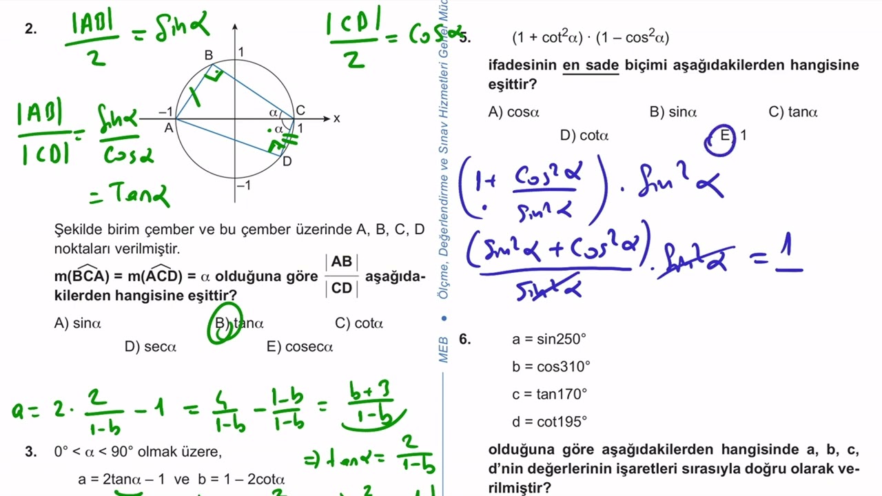 11. Sınıf Matematik Kazanım Kavrama Test 3 (Trigonometrik Fonksiyonlar - Birim Çember) Çözümler