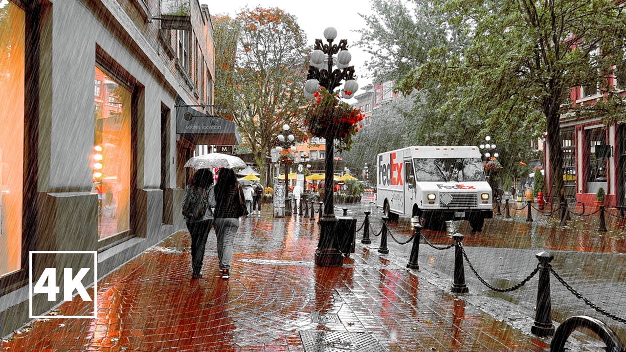 【4K Rain Walk】Walking in Vancouver Canada, (Binaural City Sounds) 4K Rain Ambience