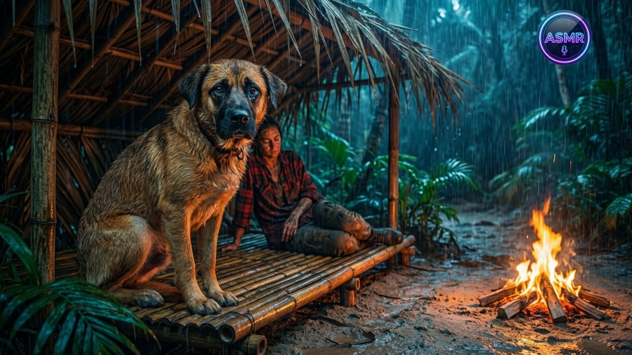 Building a Tropical Beach Cabin with my Dog 8 Days Survival ASMR