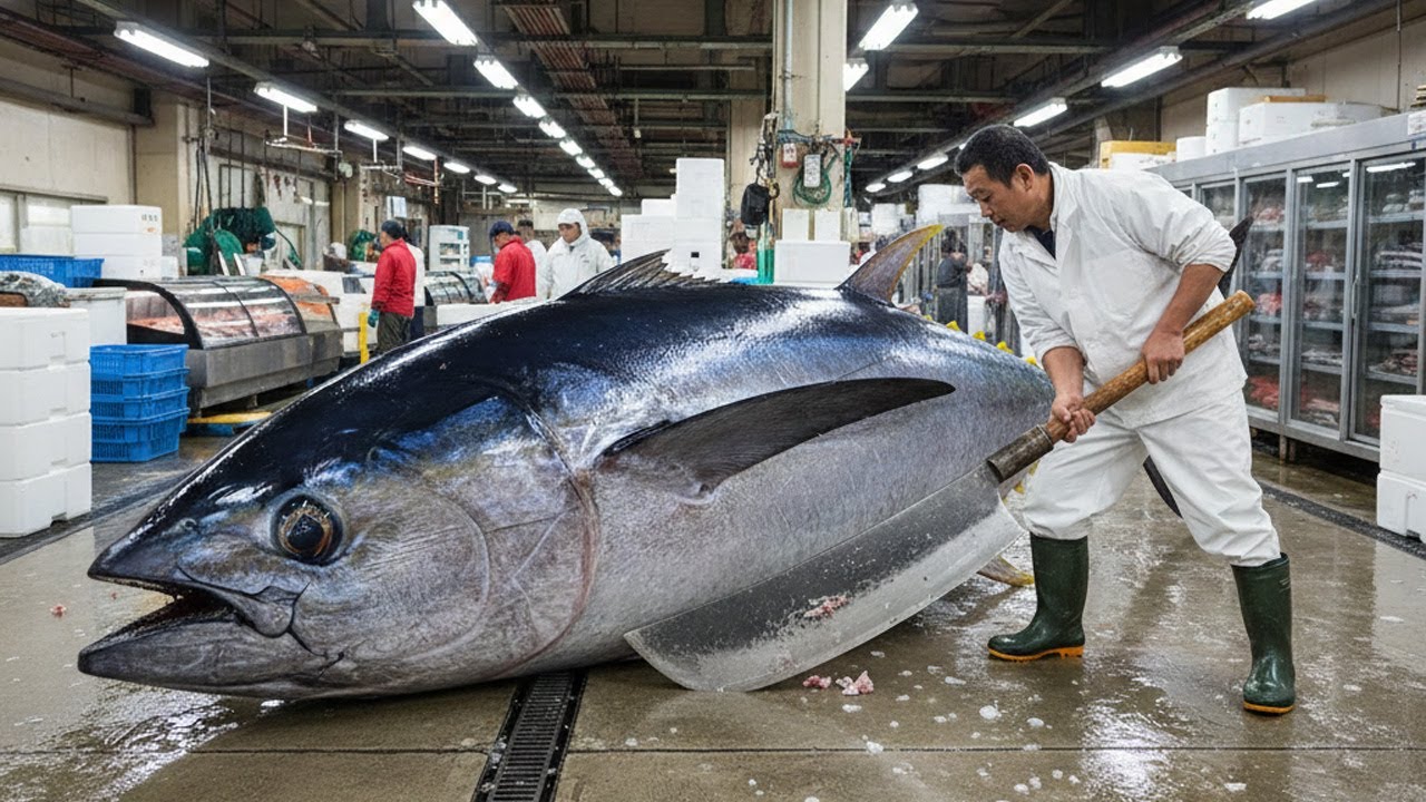 Cutting giant bluefin tuna otoro with master precision#tuna #otoro #seafood #foodasmr