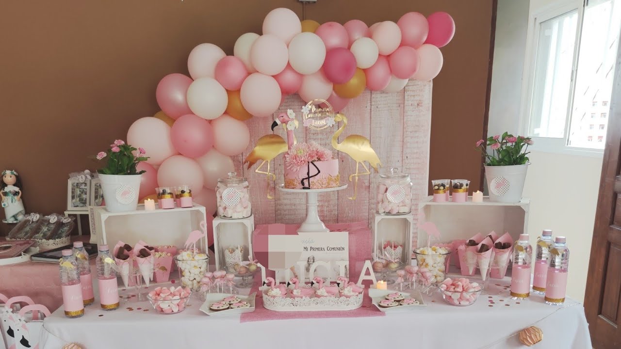 Comunión Niña. Mesa Dulce, Candy Bar, temática Flamencos, Flamingos. 🥰