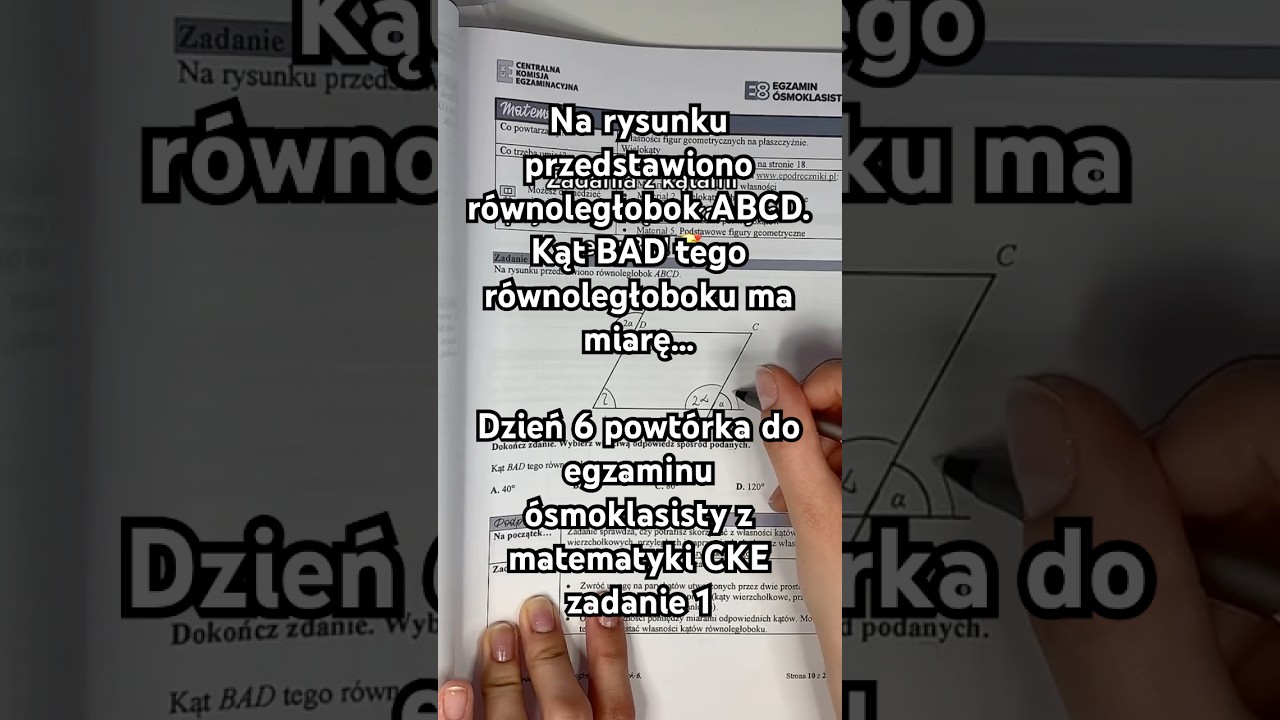 Na rysunku przedstawiono r&oacute;wnoległobok ABCD. Kąt BAD tego r&oacute;wnoległoboku ma miarę&hellip;