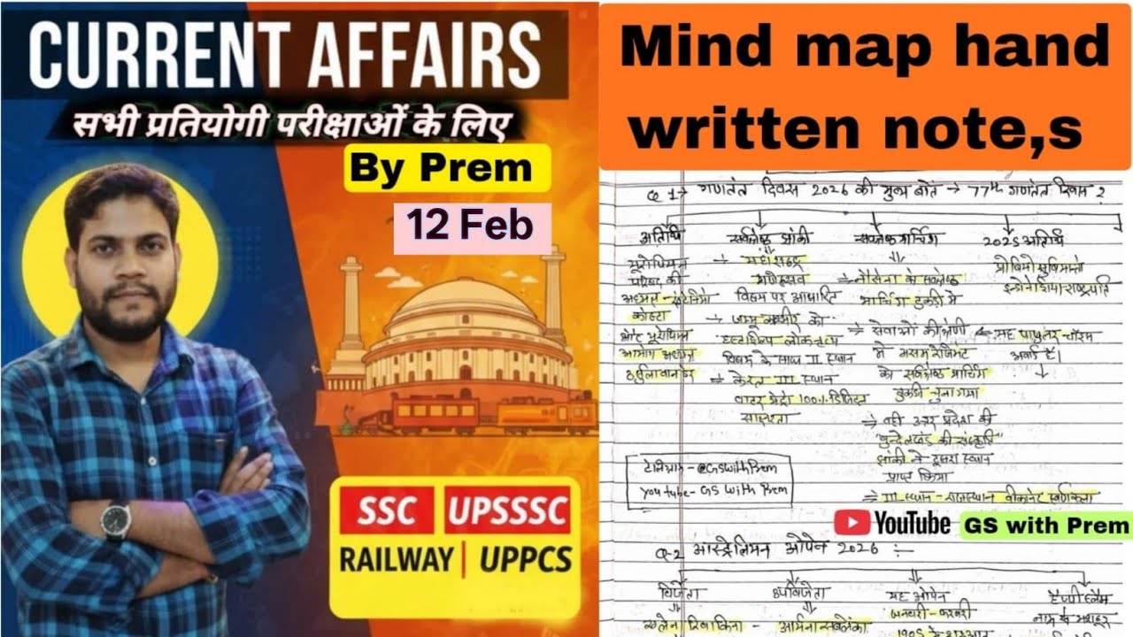 12 FEB CURRENT AFFAIRS MIND MAP by Prem सभी प्रतियोगी परीक्षाओं हेतु महत्वपूर्ण SSC, UPPCS, UPSSSC 