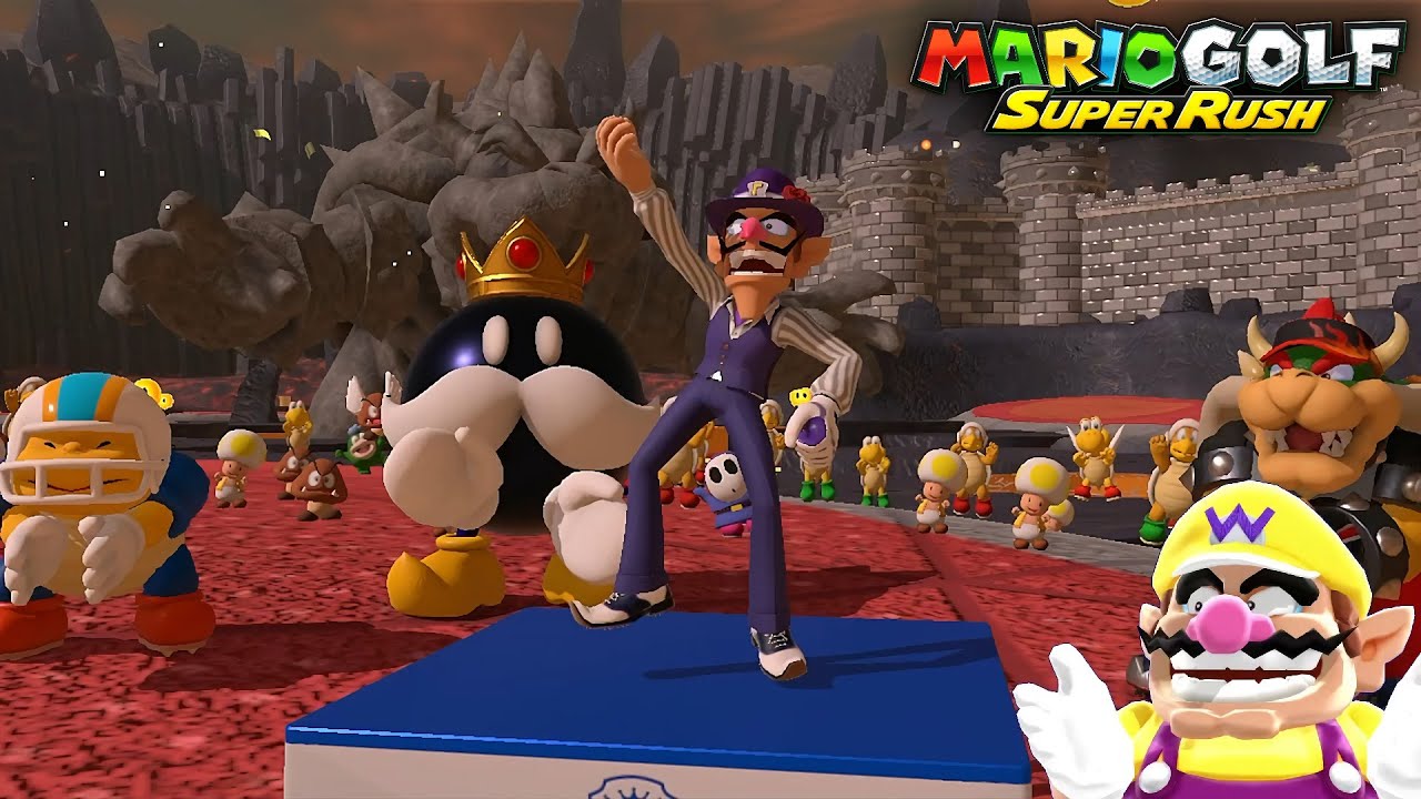 Mario Golf Super Rush Waluigi Vs Chargin Chuck Vs King Bob omb Vs Bowser in Bowser Highlands