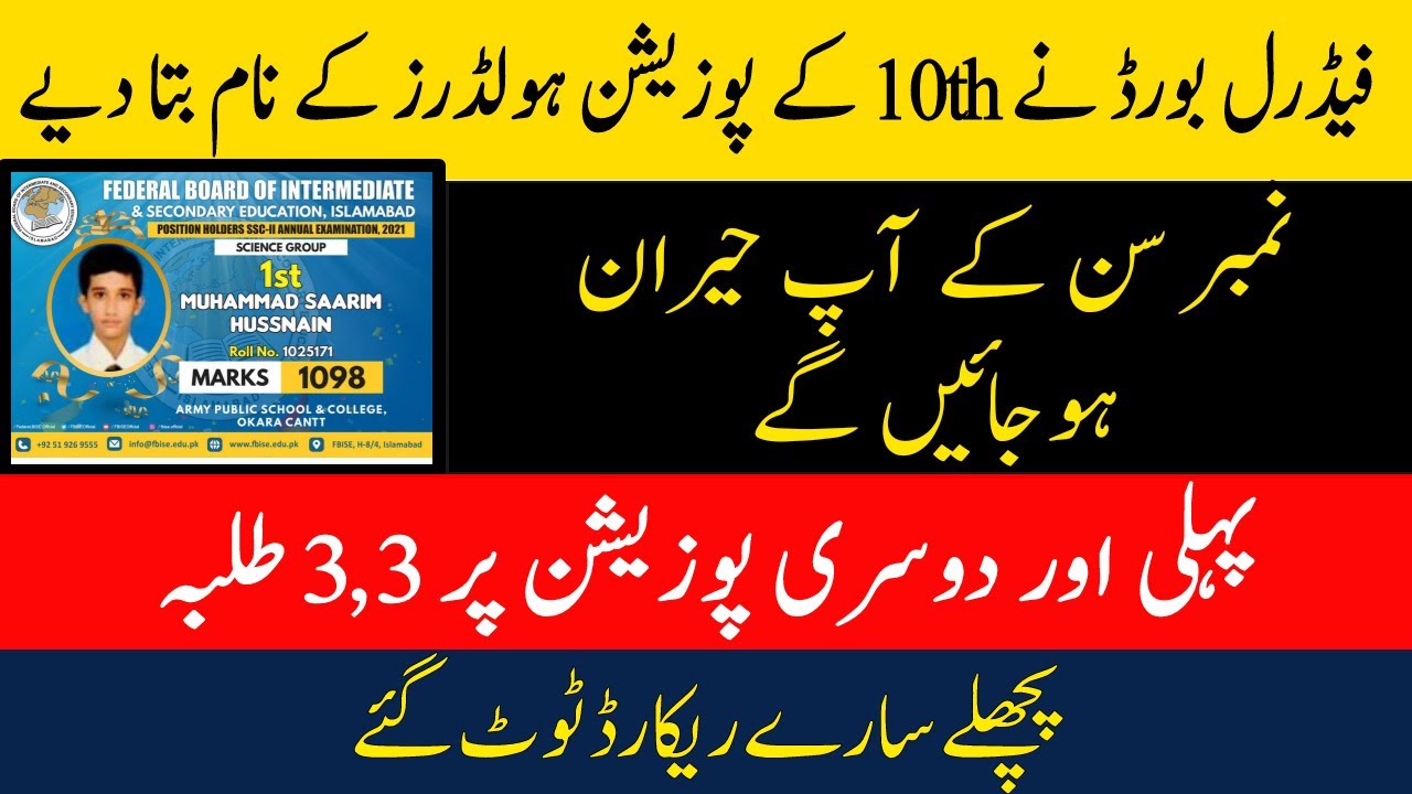 Matric result federal board 2021 position holders | federal board result 2021