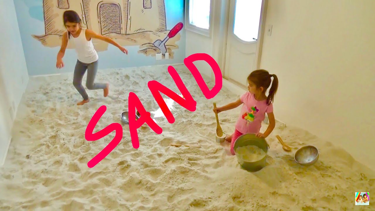 LEARN COLORS ❤️ ROOM FULL OF SAND ❤️ Fun Indoor Beach Party ❤️ DIY Sandbox Room Playtime Sandcastle