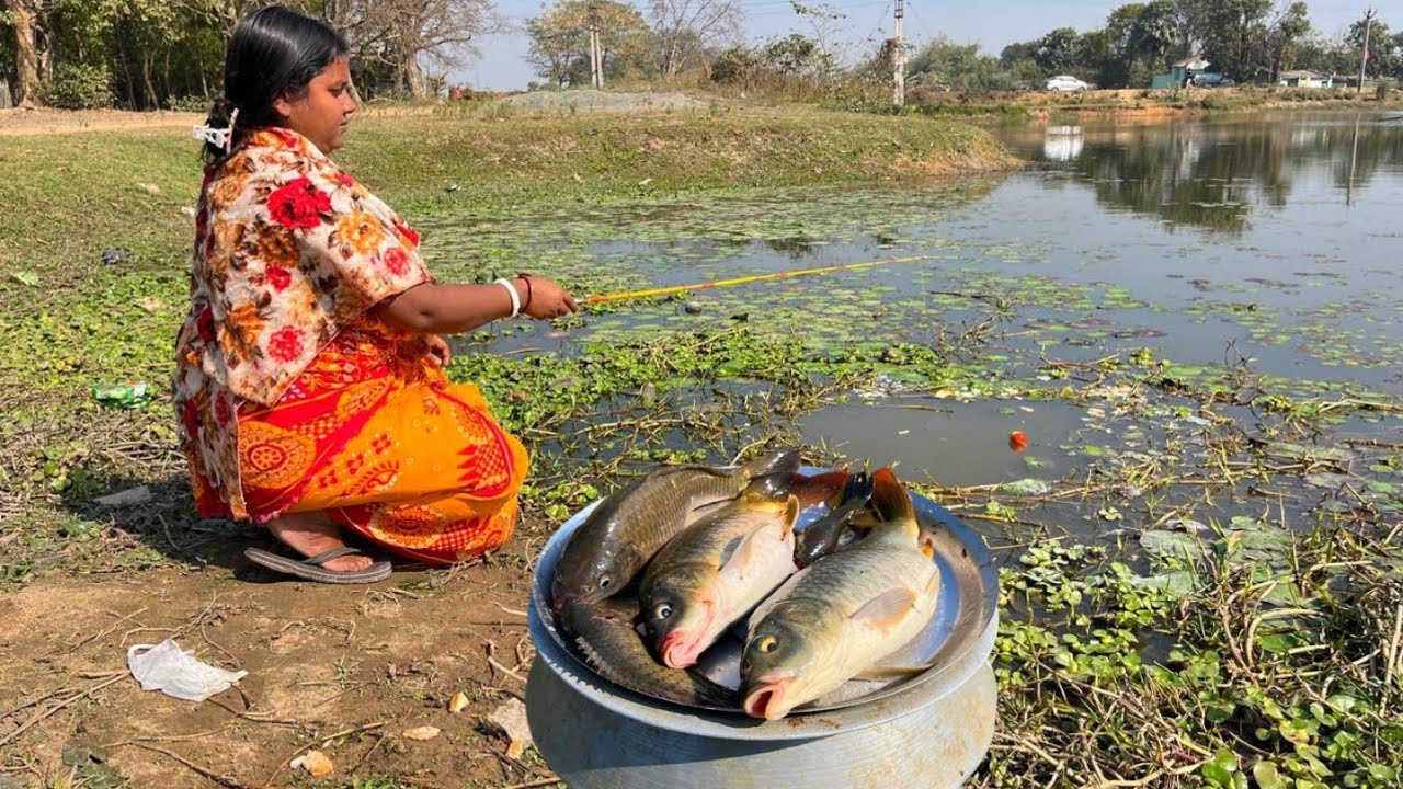 Fish Hunting || The beautiful girl caught fish with a hook from the large pond in the village