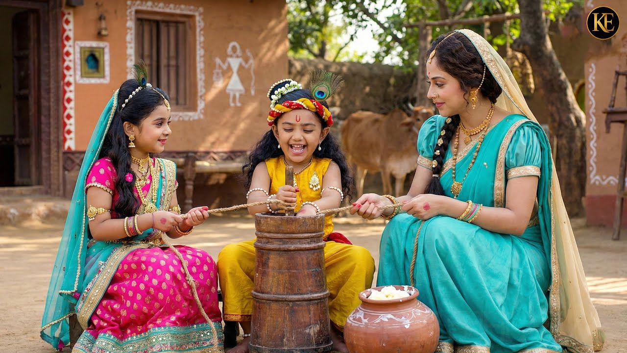 जब बाल कान्हा ने राधा और मैया संग माखन मथा || यशोमती मईया के नंदलाला || Shree Krishan leela ||