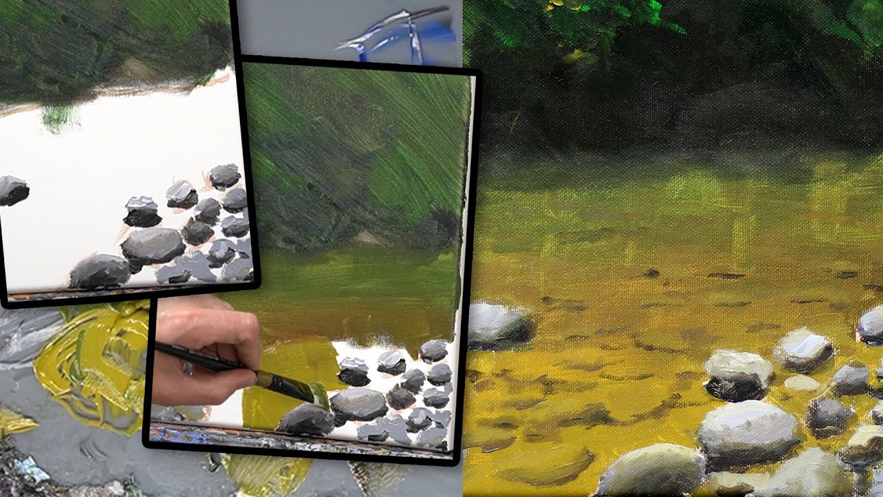 Ondiep water met stenen: transparant effect. Schilderen met acrylverf voor beginners