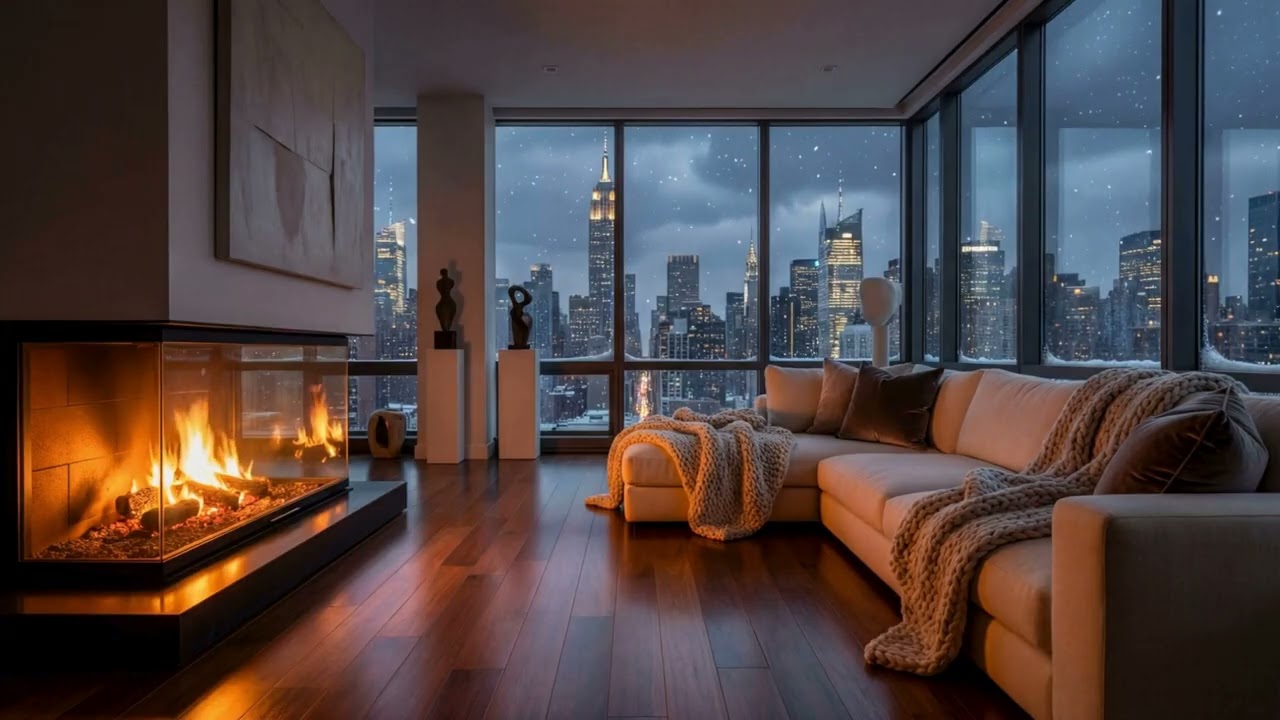 Snowy NYC Night Fireplace ❄️ Ultra Cozy Winter Ambience | No Music, 4K