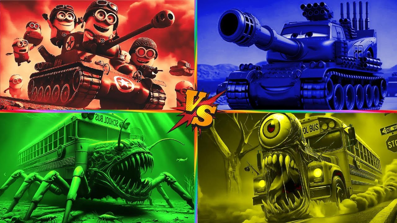 🎶✨MINIONS 🆚 LIGHTING MCQUEEN 🆚BIG SCHOOL BUS 🆚 ONE EYED SCHOOL BUS- Coffin Dance🎶 Tiles Hop EDM Rush