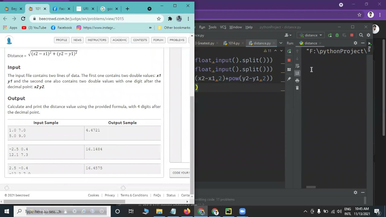 1015 uri solution in python/ 1015 Distance Between Two Points in python / 1015 solution uri python