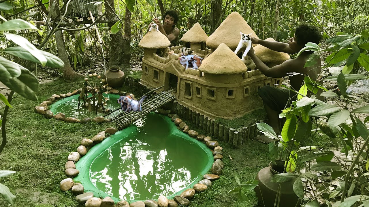 Building beautiful modern mud castle house for cute babies cats in forest (full video )