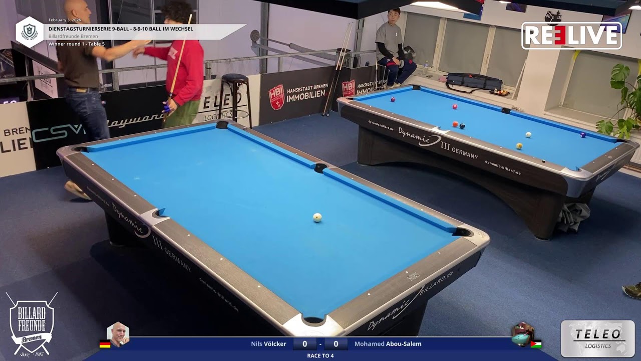 Nils Völcker vs Mohamed Abou-Salem Tisch[5] Dienstagturnier Billardfreuden Bremen 9-Ball 3.2.26