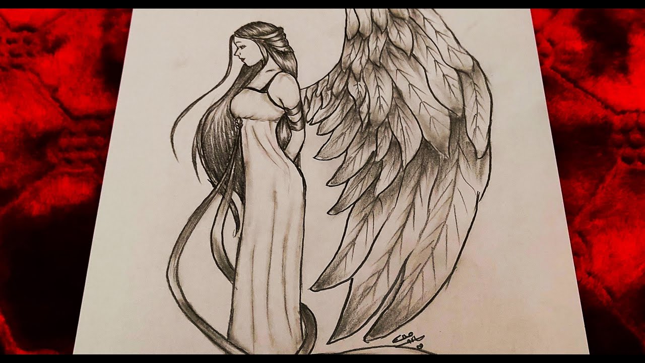 رسم تعبيري ملاك حزين بالرصاص || رسم فتاه باجنحة || Easy expressive drawing