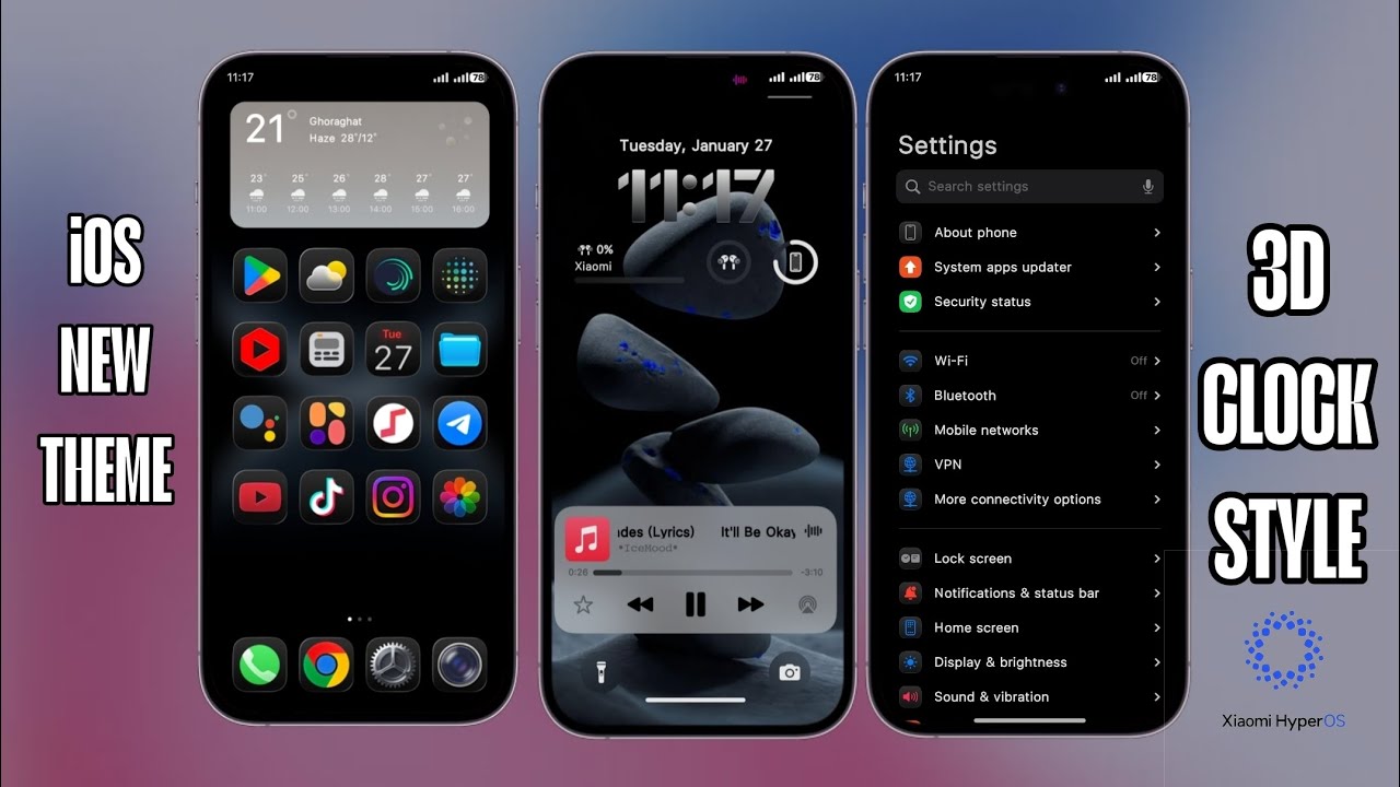 iOS STYLE NEW THEME_ 3D CLOCK STYLE  _HYPEROS 1/2/3 AND MIUI  