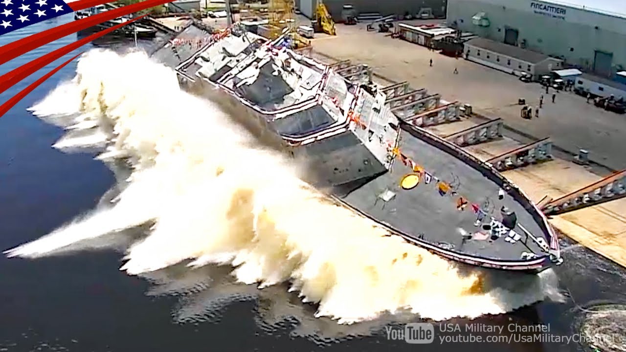 【豪快な横滑り】米海軍の巨大な最新鋭艦の進水式