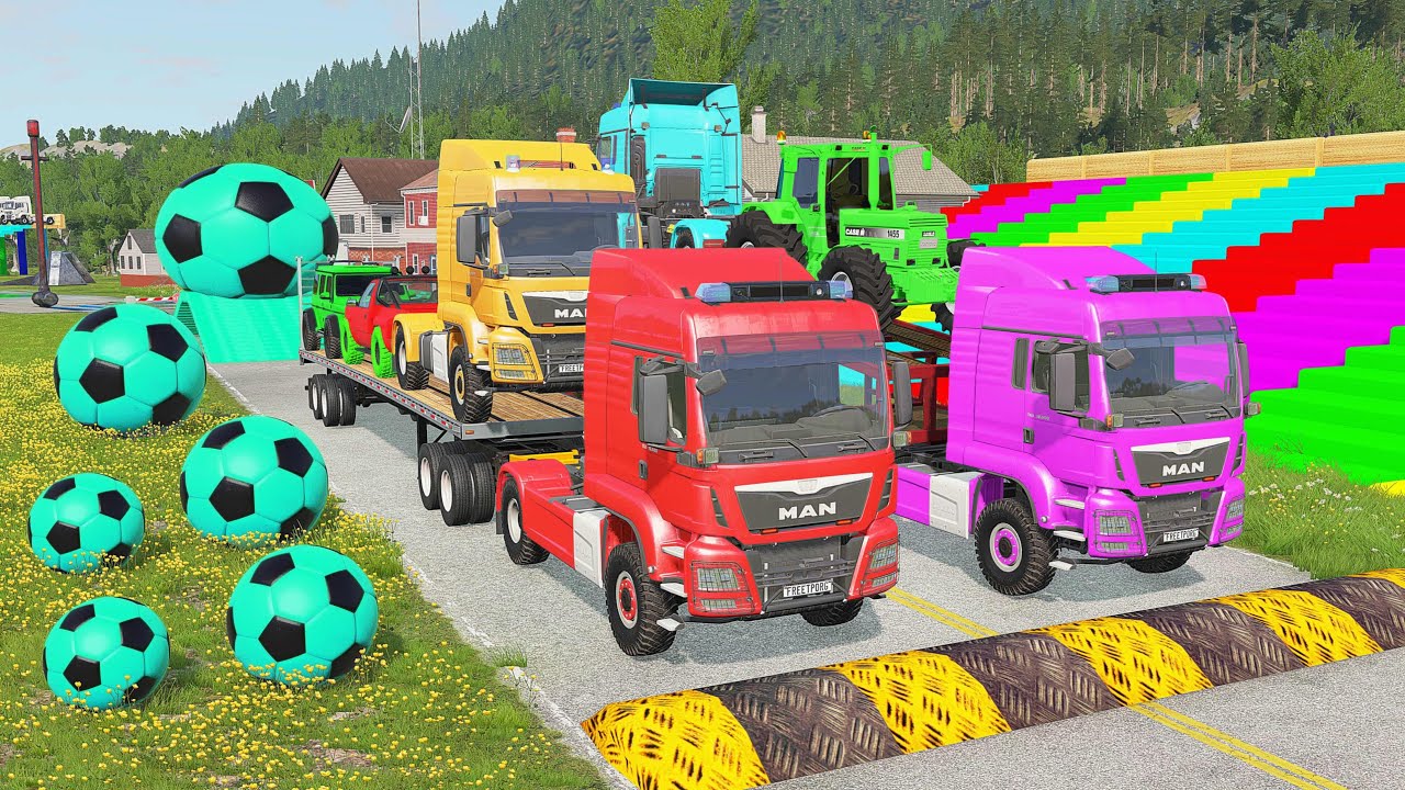 Flatbed Trailer McQueen Transportation with Truck - Speedbumps vs Cars vs Train - BeamNG.Drive #