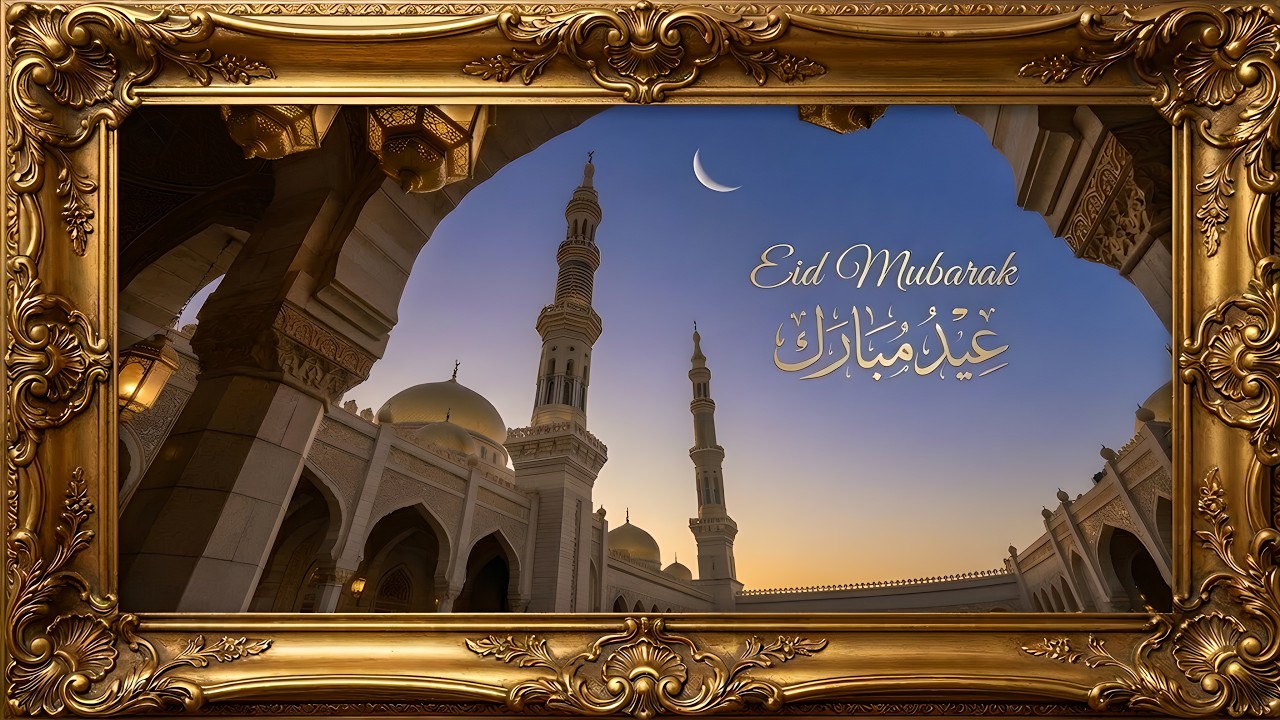 تكبيرات العيد مع إطار ذهبي فخم لمسجد رائع 🌙✨ (Takbirat Al Eid with Luxurious Golden Mosque Frame 🌙✨)