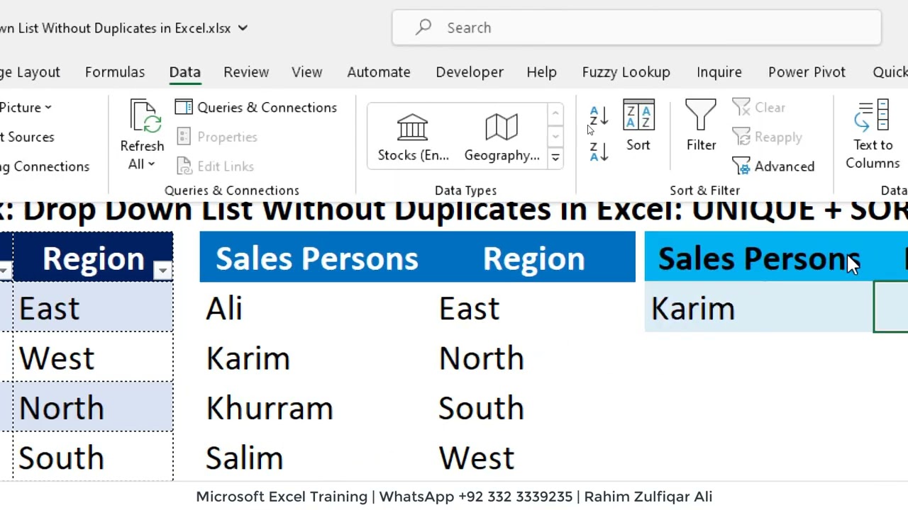 Drop Down List Without Duplicates in Excel: UNIQUE + SORT Function in Excel Formula