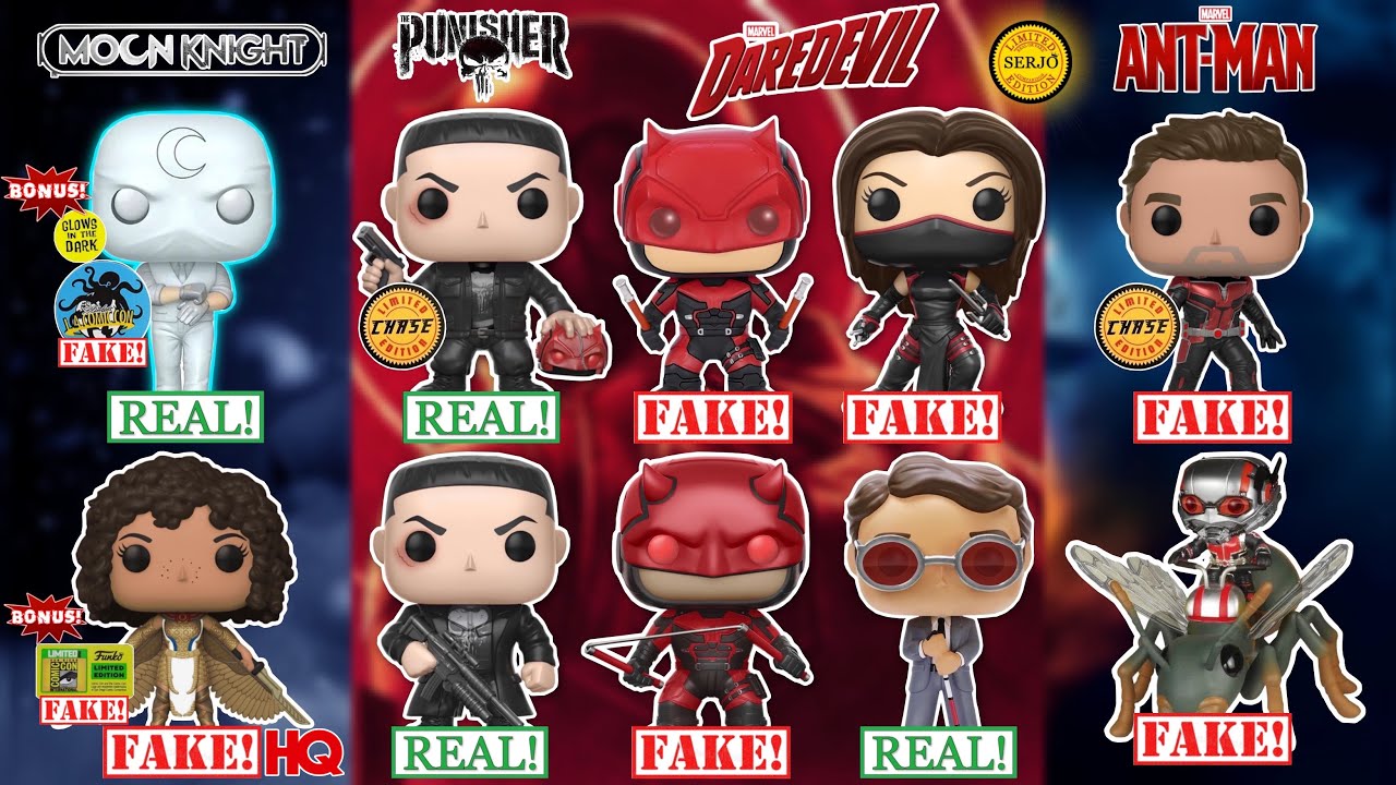 Comparisons of all fakes by Funko POP! Daredevil! Moon Knight! Ant-Man!