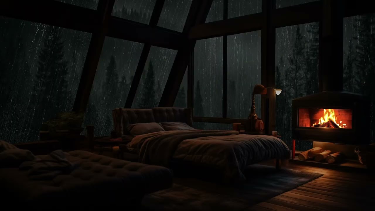 Inside a quiet forest cabin while gentle rain covers the night outside