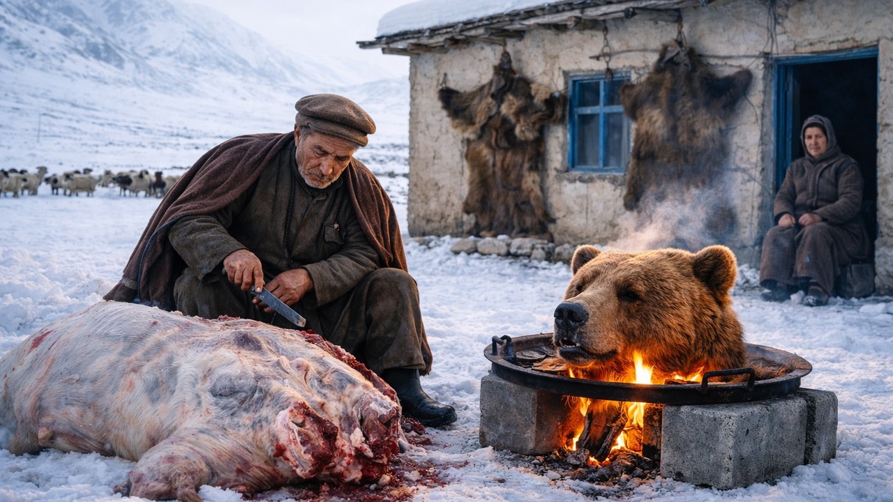 Surviving the Afghan winter  Grilled bear meat fresh bread to stay alive