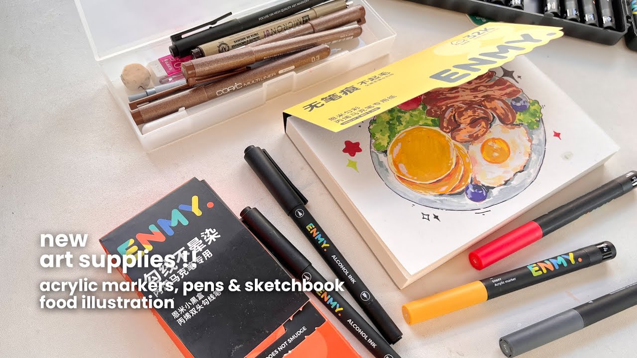 ⭒˚ new art supplies from enmy // acrylic markers, pens & sketchbook | food illustration ⭒˚