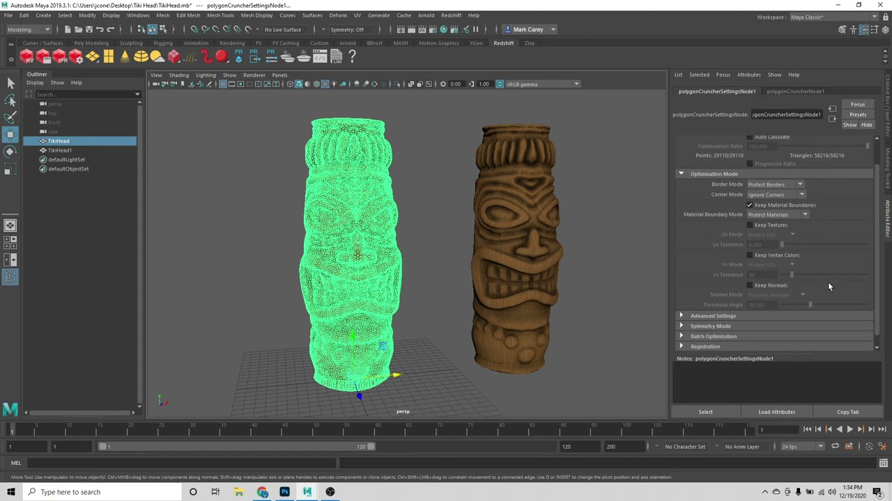 Polygon Cruncher for Maya: decimate a Tiki head mesh