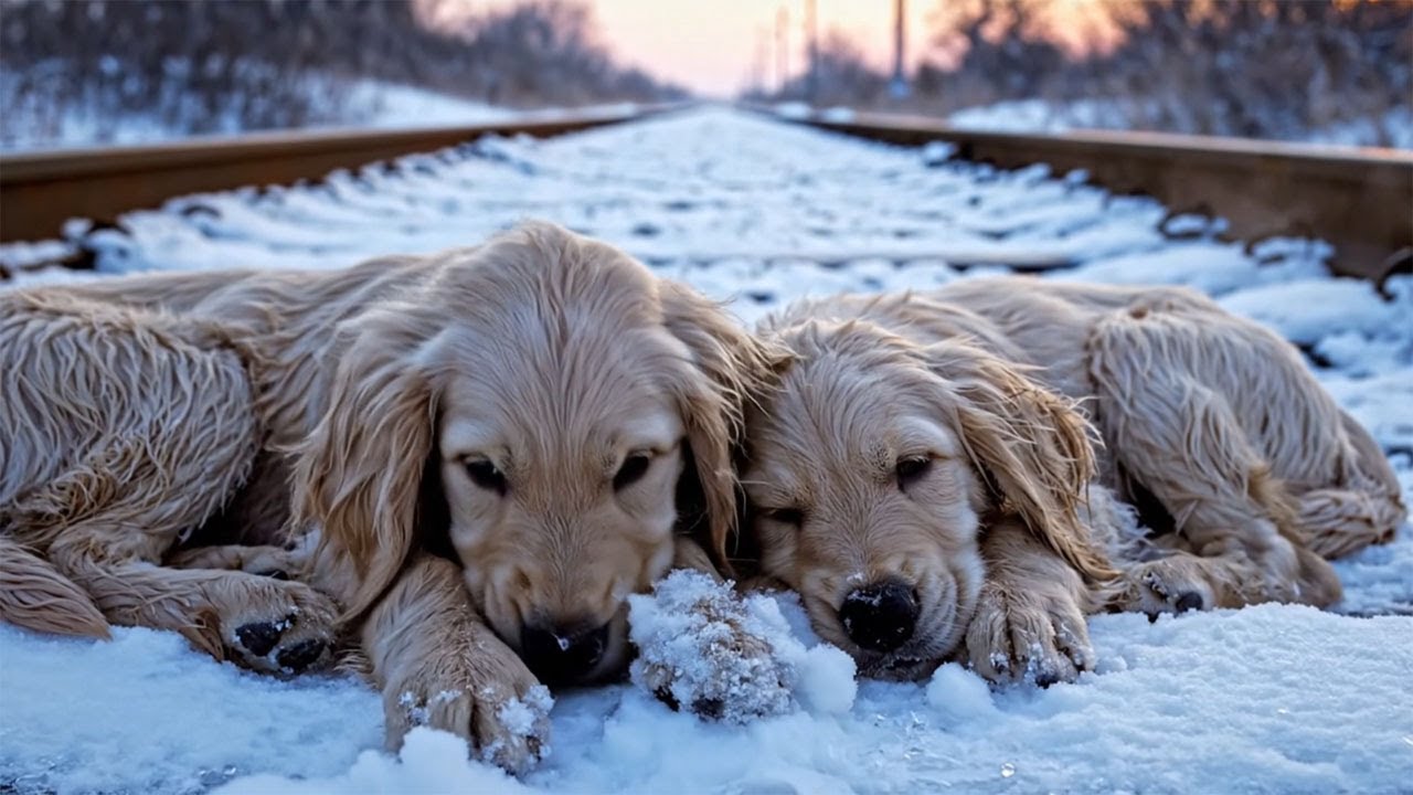 In the snow, two puppies lay on the railway waiting for their mother to return. Danger was imminent.