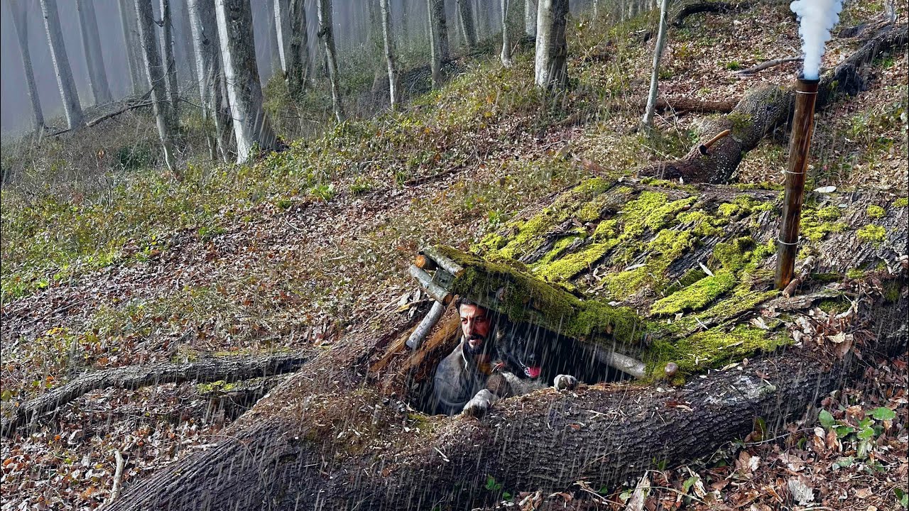 Строительство секретного убежища внутри большого дерева - Bushcraft SURVIVAL Camping in the Rain