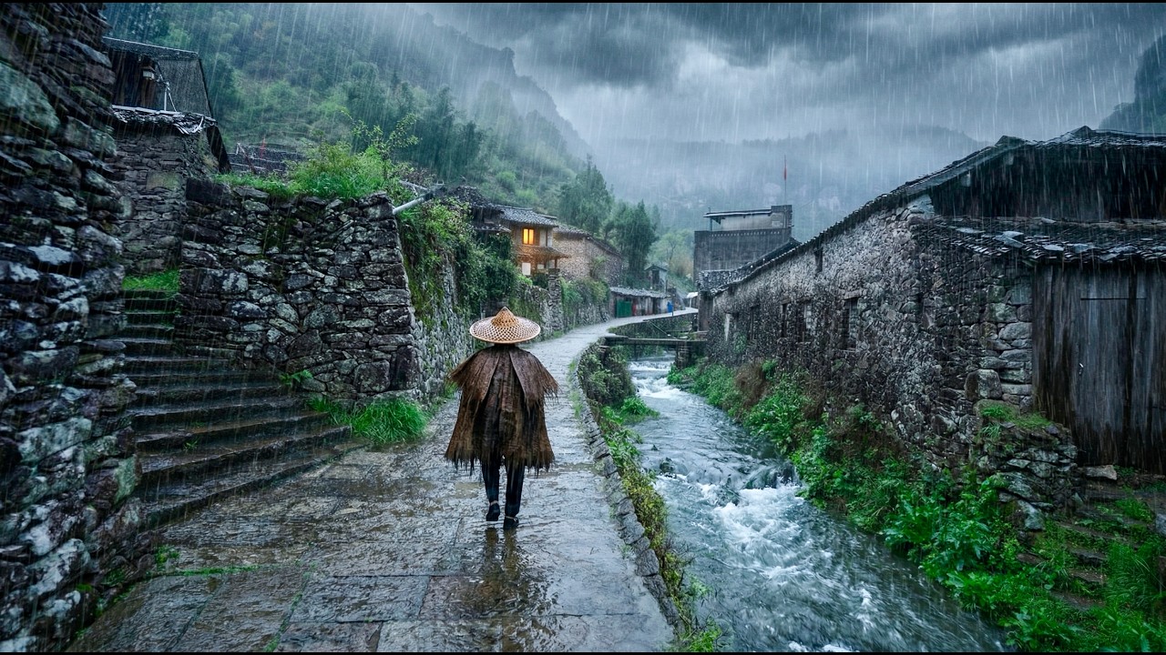 Relaxing Rain Walk in an 800-Year-Old Hidden Stone Village, China | Binaural ASMR Slow TV