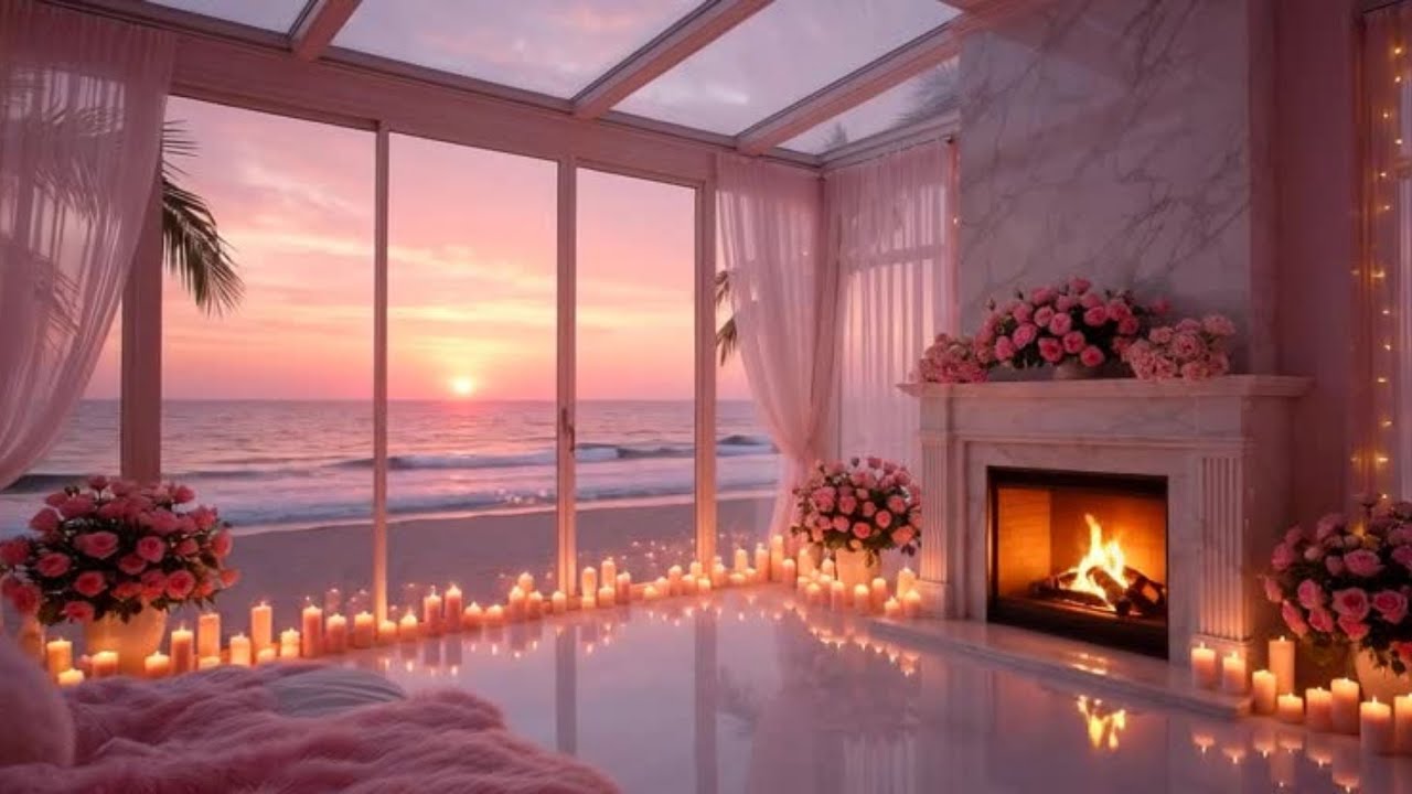 12 Hour Deep Sleep by the Ocean 🌅🔥 | Fall Asleep Fast • Cozy Fireplace & Pink Sunset