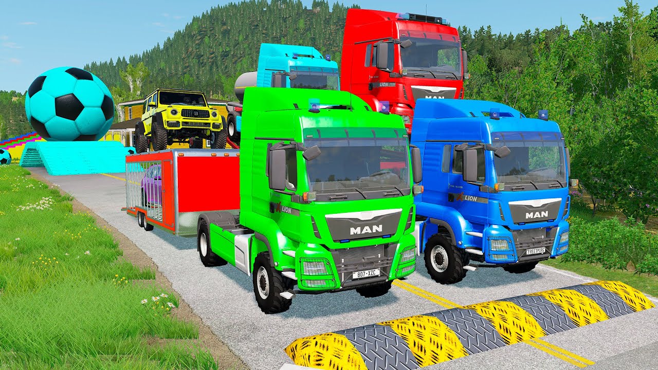 Double Flatbed Trailer Truck vs Speedbumps Train vs Cars | Tractor vs Train Beamng.Drive 034