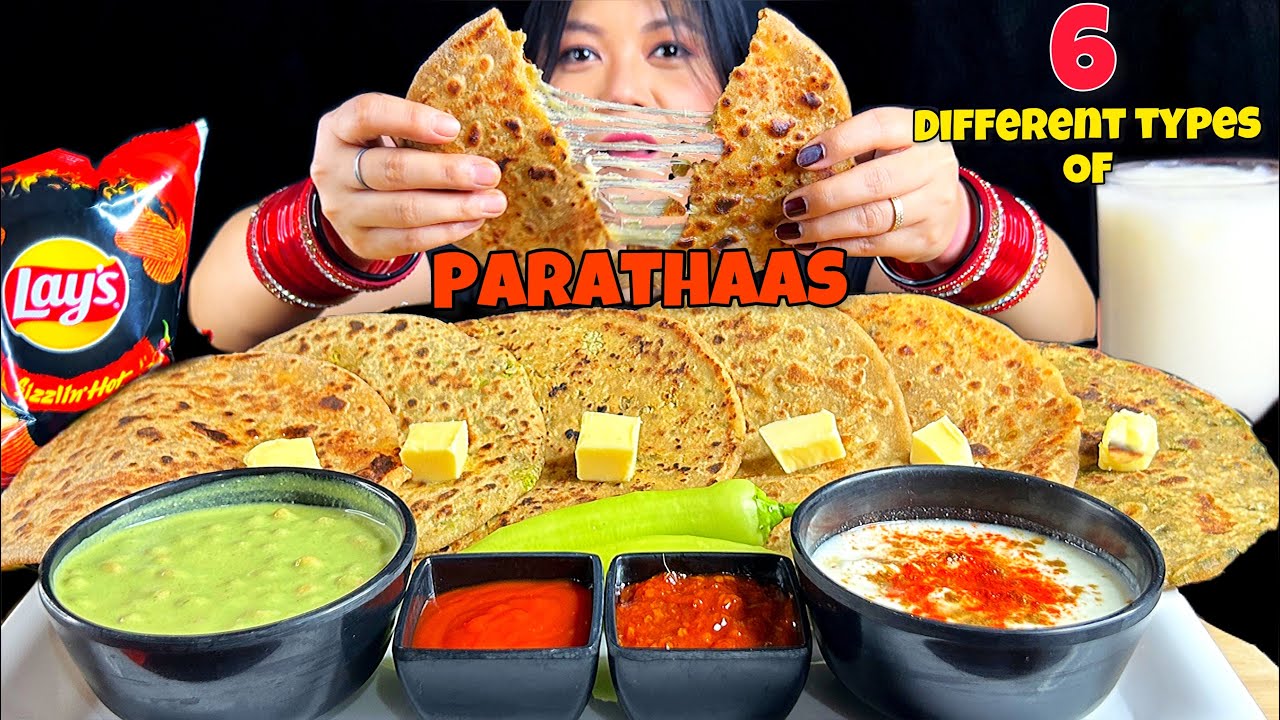 Eating Aloo Paratha, Gobi Paratha, Paneer Paratha, Cheese Paratha, Raita & Lassi | ASMR MUKBANG SHOW
